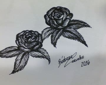 Desenho a tinta de duas rosas, assinado por Bárbara Salgueiro.