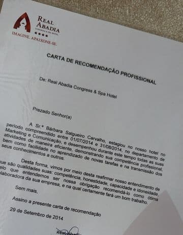 Carta de recomendação profissional do Real Abadia Congress & Spa Hotel.