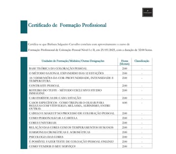 Certificado de formação profissional em Coloração Pessoal, de 2025.