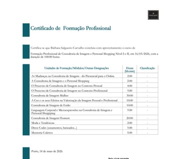 Certificado de formação profissional em Consultoria de Imagem e Personal Shopping, de 2026.